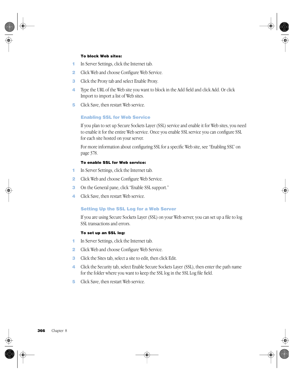 Enabling ssl for web service, Setting up the ssl log for a web server | Apple Mac OS X Server (version 10.2.3 or later) User Manual | Page 366 / 690