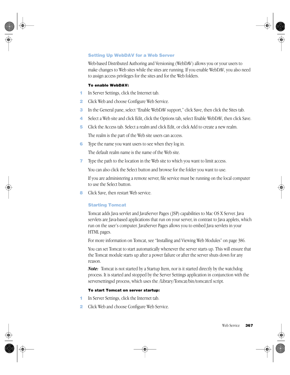 Setting up webdav for a web server, Starting tomcat | Apple Mac OS X Server (version 10.2.3 or later) User Manual | Page 367 / 690