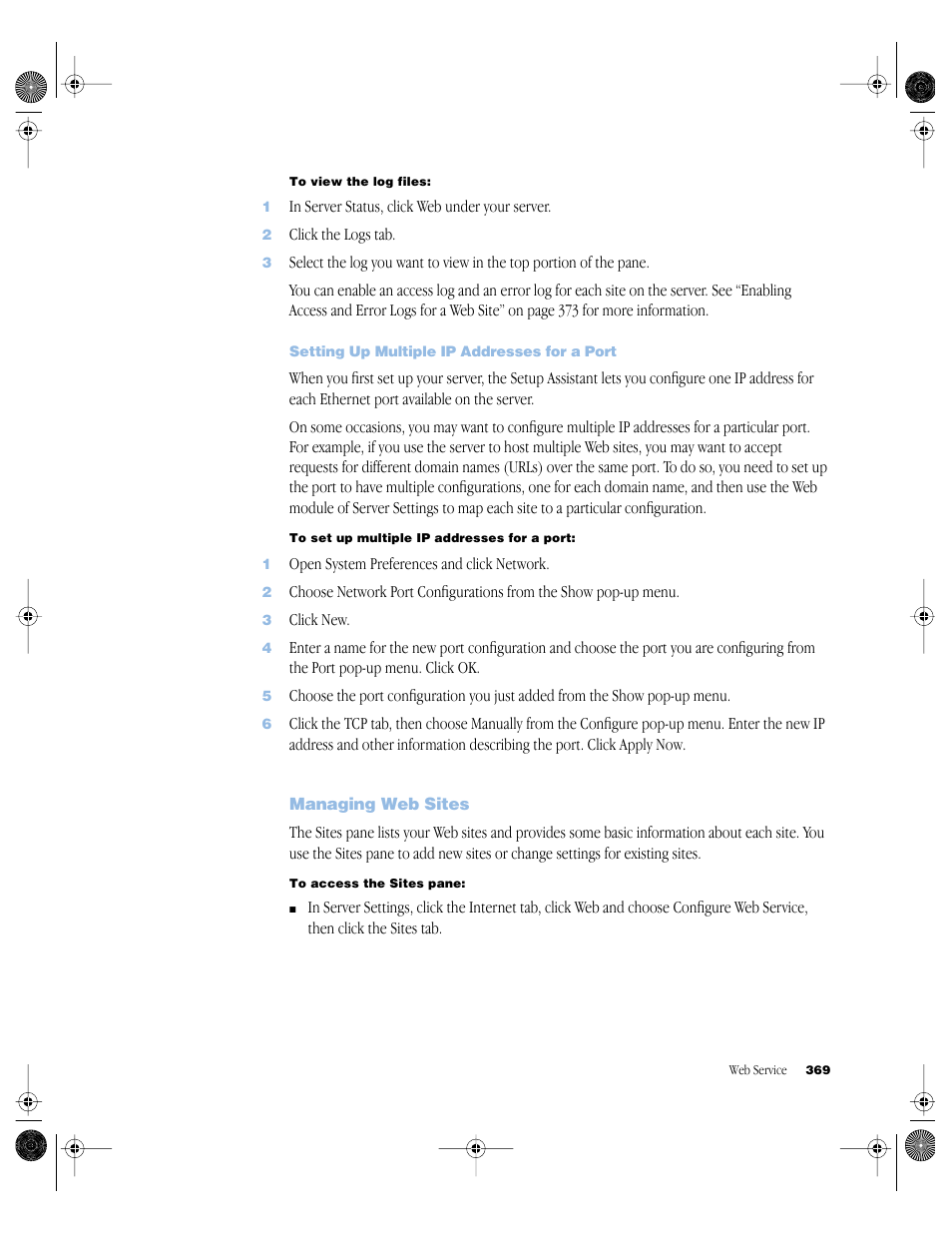 Setting up multiple ip addresses for a port, Managing web sites, Managing web sites 369 | Apple Mac OS X Server (version 10.2.3 or later) User Manual | Page 369 / 690