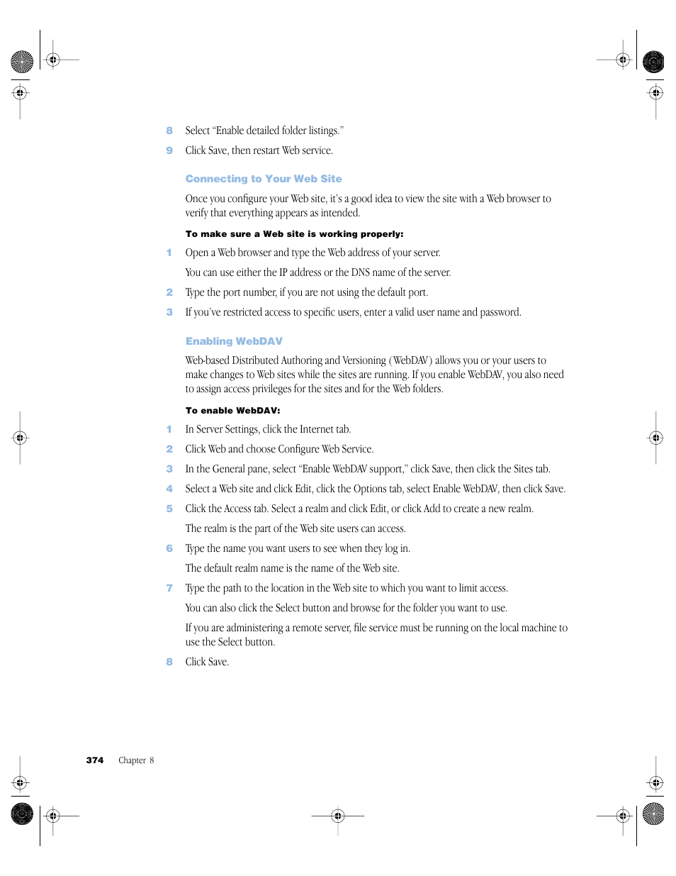 Connecting to your web site, Enabling webdav | Apple Mac OS X Server (version 10.2.3 or later) User Manual | Page 374 / 690
