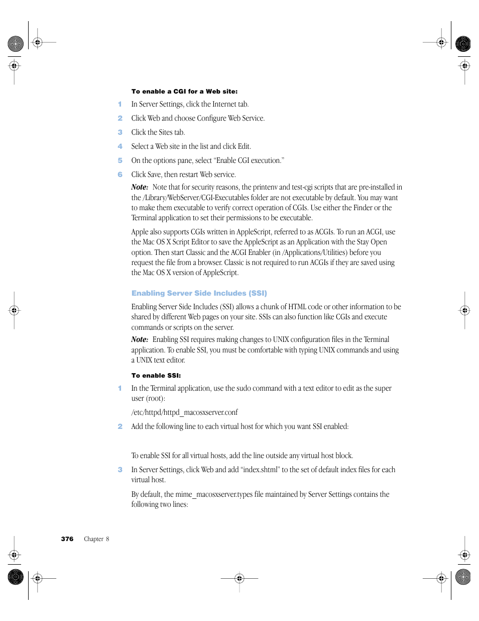 Enabling server side includes (ssi) | Apple Mac OS X Server (version 10.2.3 or later) User Manual | Page 376 / 690