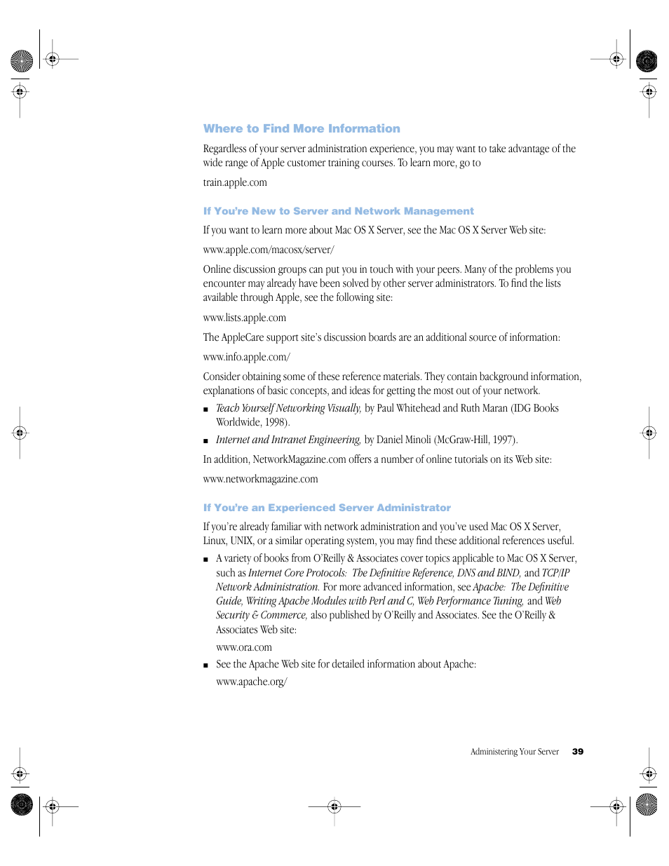 Where to find more information, If you’re new to server and network management, If you’re an experienced server administrator | Where to find more information 39 | Apple Mac OS X Server (version 10.2.3 or later) User Manual | Page 39 / 690