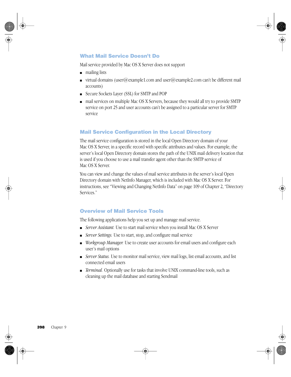 What mail service doesn’t do, Mail service configuration in the local directory, Overview of mail service tools | What mail service doesn’t do 398, Overview of mail service tools 398 | Apple Mac OS X Server (version 10.2.3 or later) User Manual | Page 398 / 690