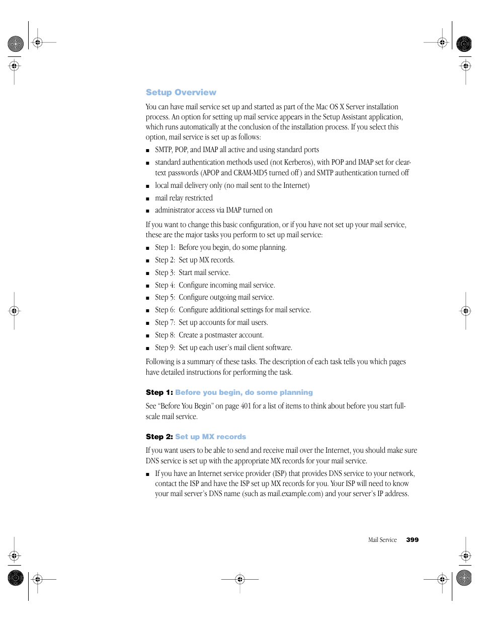Setup overview, Step 1: before you begin, do some planning, Step 2: set up mx records | Setup overview 399 | Apple Mac OS X Server (version 10.2.3 or later) User Manual | Page 399 / 690