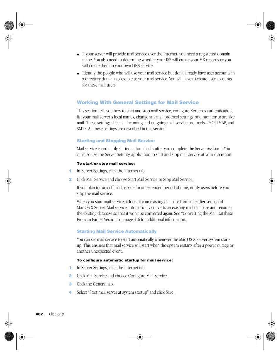Working with general settings for mail service, Starting and stopping mail service, Starting mail service automatically | Working with general settings for mail service 402 | Apple Mac OS X Server (version 10.2.3 or later) User Manual | Page 402 / 690