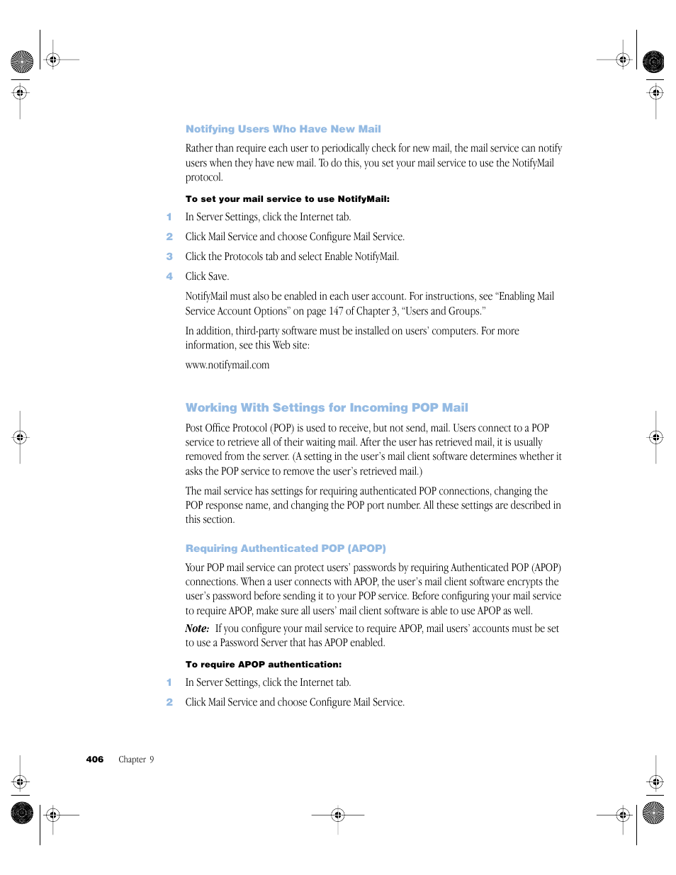 Notifying users who have new mail, Working with settings for incoming pop mail, Requiring authenticated pop (apop) | Working with settings for incoming pop mail 406 | Apple Mac OS X Server (version 10.2.3 or later) User Manual | Page 406 / 690