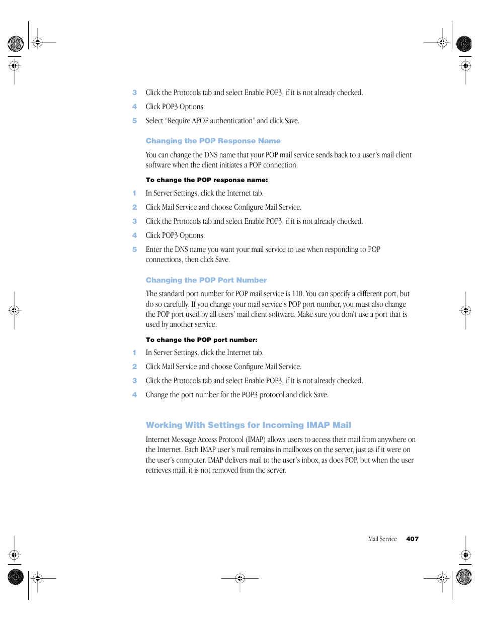 Changing the pop response name, Changing the pop port number, Working with settings for incoming imap mail | Working with settings for incoming imap mail 407 | Apple Mac OS X Server (version 10.2.3 or later) User Manual | Page 407 / 690