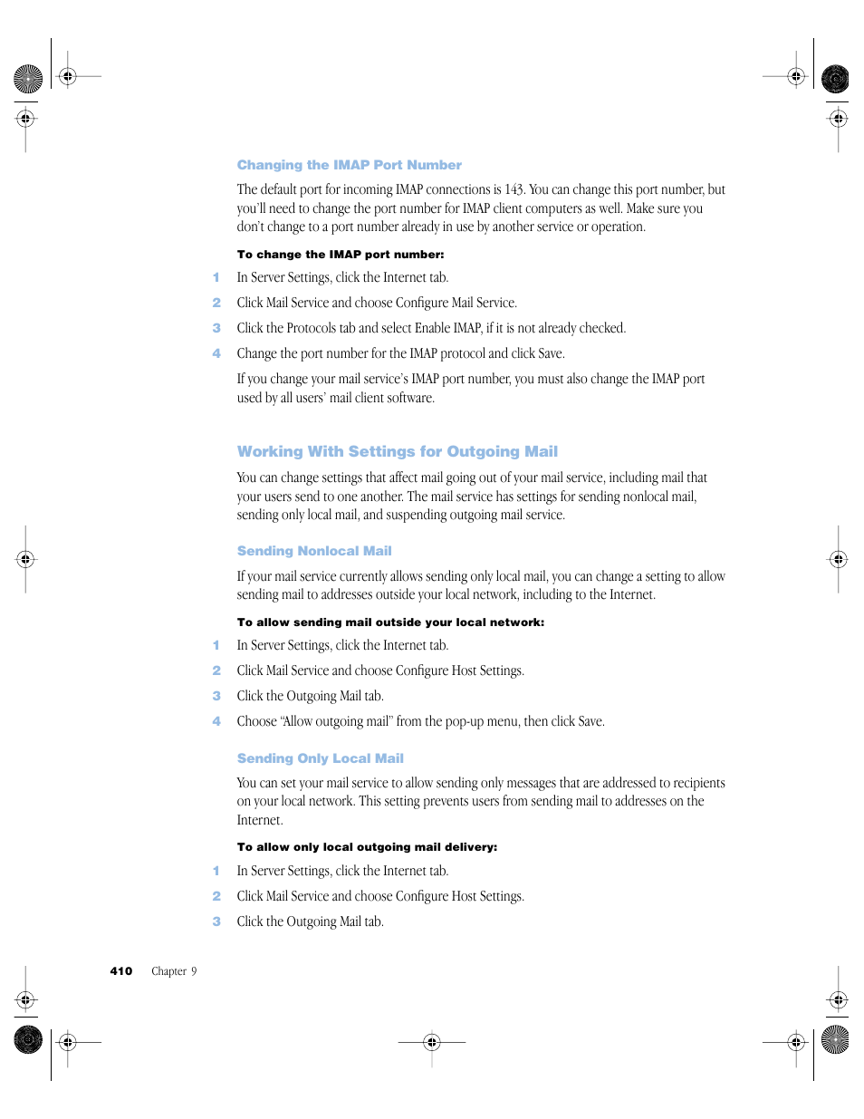 Changing the imap port number, Working with settings for outgoing mail, Sending nonlocal mail | Sending only local mail, Working with settings for outgoing mail 410 | Apple Mac OS X Server (version 10.2.3 or later) User Manual | Page 410 / 690