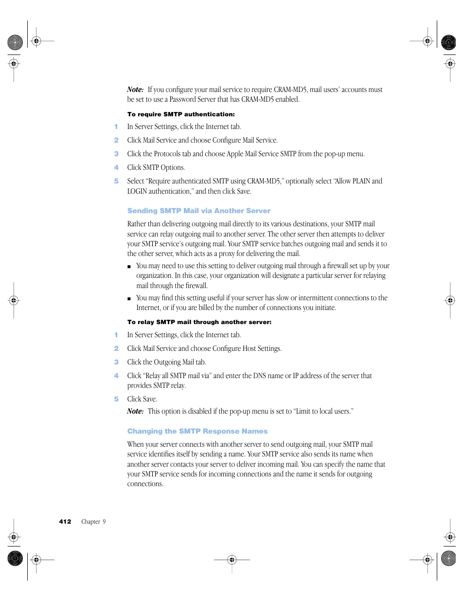 Sending smtp mail via another server, Changing the smtp response names | Apple Mac OS X Server (version 10.2.3 or later) User Manual | Page 412 / 690