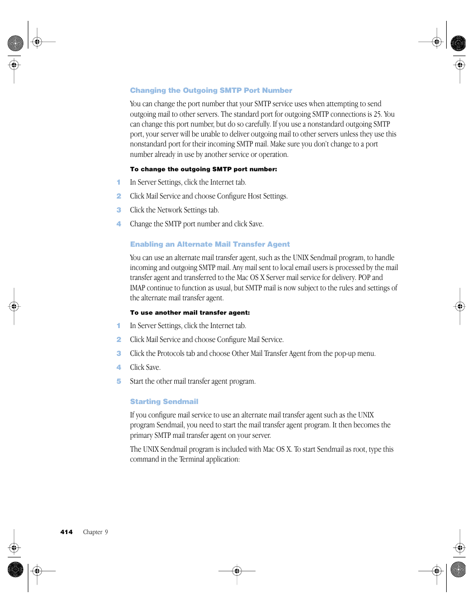 Changing the outgoing smtp port number, Enabling an alternate mail transfer agent, Starting sendmail | Apple Mac OS X Server (version 10.2.3 or later) User Manual | Page 414 / 690