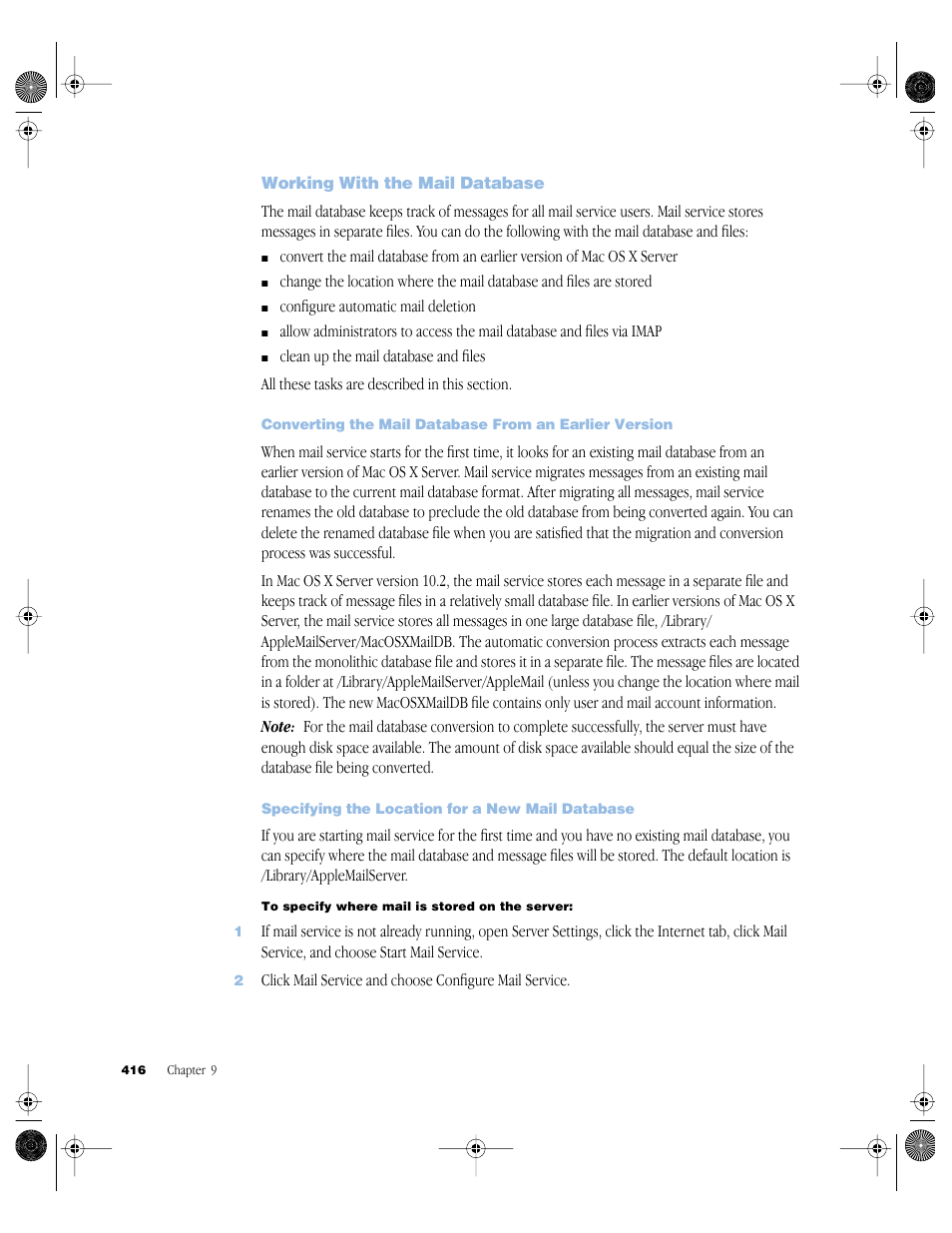 Working with the mail database, Specifying the location for a new mail database, Working with the mail database 416 | Apple Mac OS X Server (version 10.2.3 or later) User Manual | Page 416 / 690