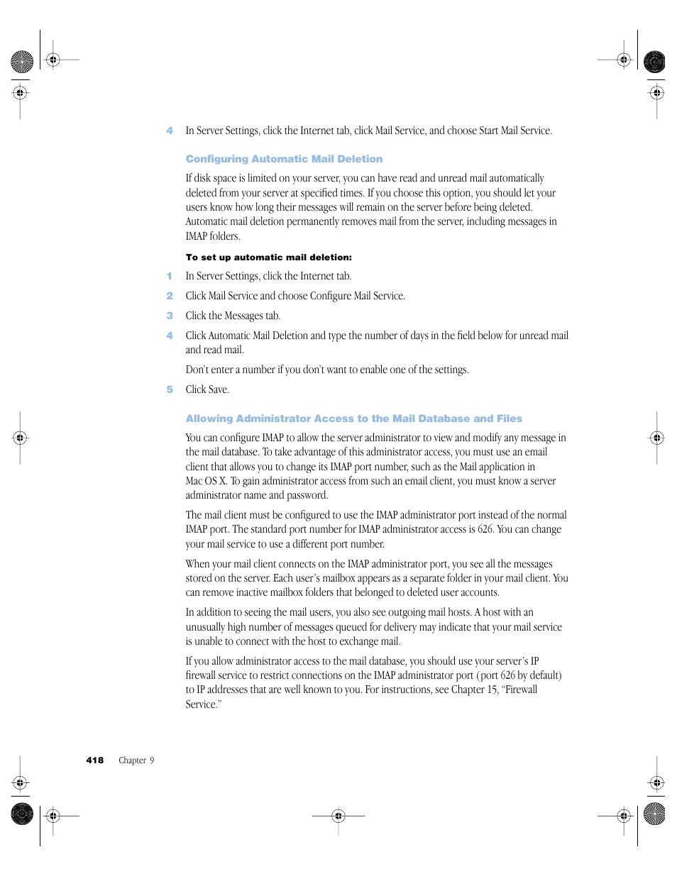 Configuring automatic mail deletion | Apple Mac OS X Server (version 10.2.3 or later) User Manual | Page 418 / 690
