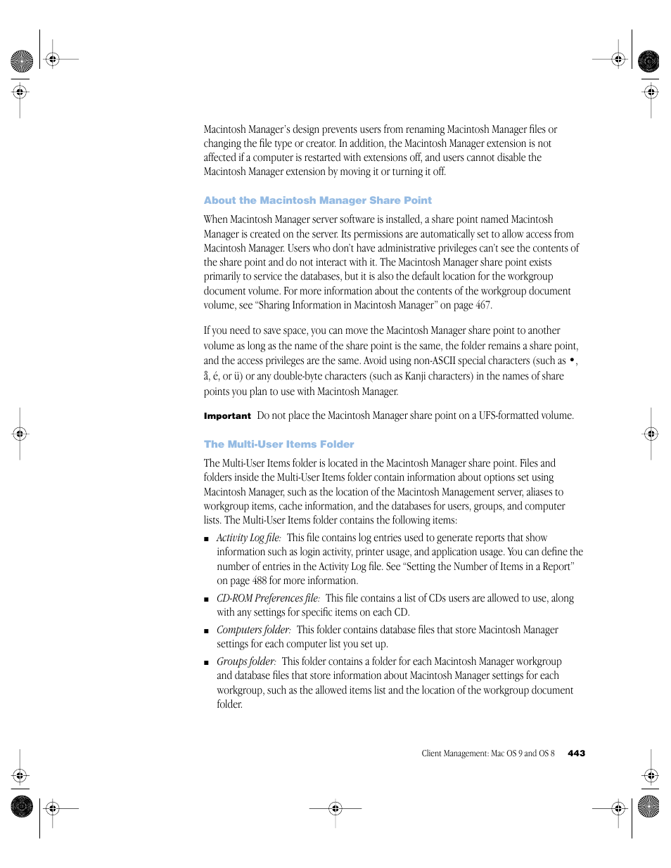 About the macintosh manager share point, The multi-user items folder | Apple Mac OS X Server (version 10.2.3 or later) User Manual | Page 443 / 690