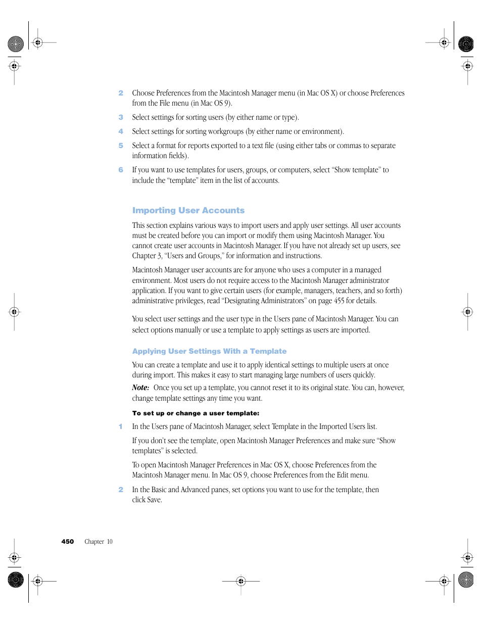 Importing user accounts, Applying user settings with a template, Importing user accounts 450 | Apple Mac OS X Server (version 10.2.3 or later) User Manual | Page 450 / 690