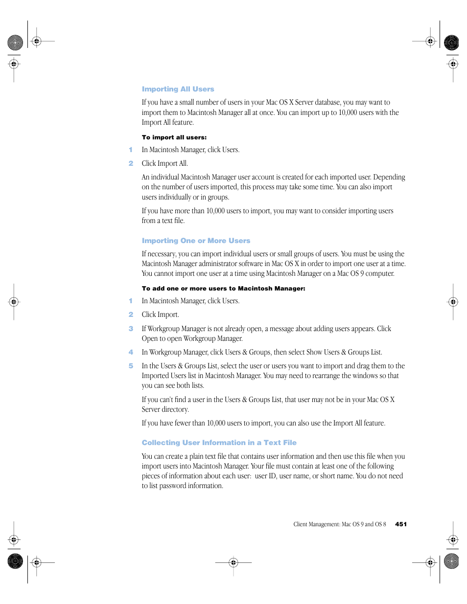 Importing all users, Importing one or more users, Collecting user information in a text file | Apple Mac OS X Server (version 10.2.3 or later) User Manual | Page 451 / 690