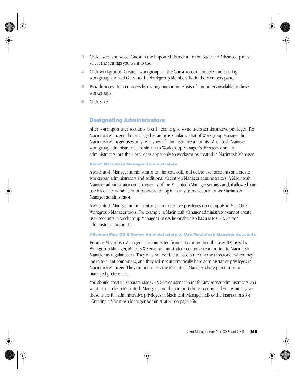 Designating administrators, Designating administrators 455 | Apple Mac OS X Server (version 10.2.3 or later) User Manual | Page 455 / 690