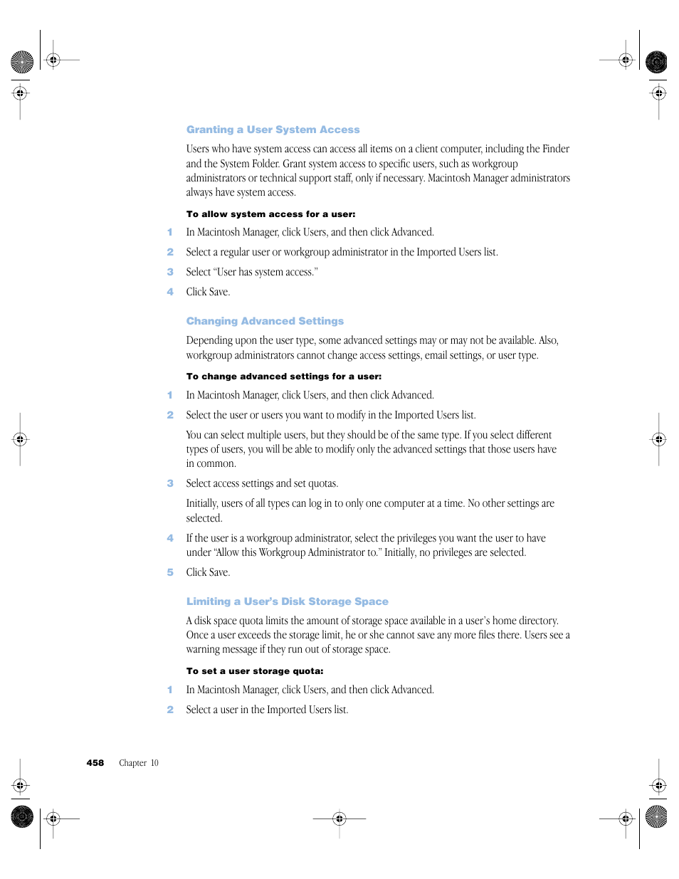 Granting a user system access, Changing advanced settings, Limiting a user’s disk storage space | Apple Mac OS X Server (version 10.2.3 or later) User Manual | Page 458 / 690