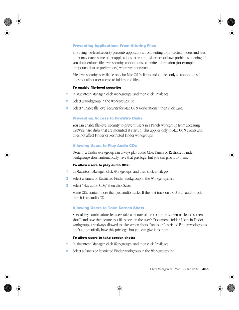 Preventing applications from altering files, Preventing access to firewire disks, Allowing users to play audio cds | Allowing users to take screen shots | Apple Mac OS X Server (version 10.2.3 or later) User Manual | Page 465 / 690