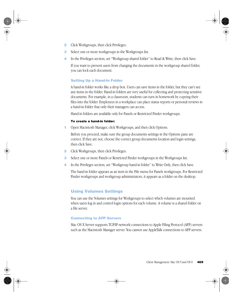 Setting up a hand-in folder, Using volumes settings, Connecting to afp servers | Using volumes settings 469 | Apple Mac OS X Server (version 10.2.3 or later) User Manual | Page 469 / 690