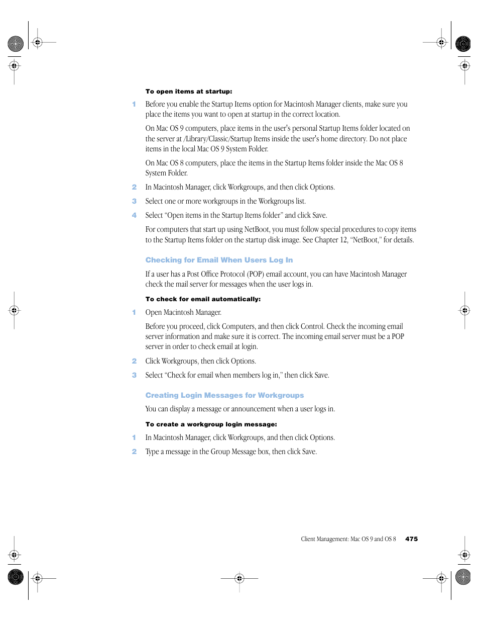 Checking for email when users log in, Creating login messages for workgroups | Apple Mac OS X Server (version 10.2.3 or later) User Manual | Page 475 / 690