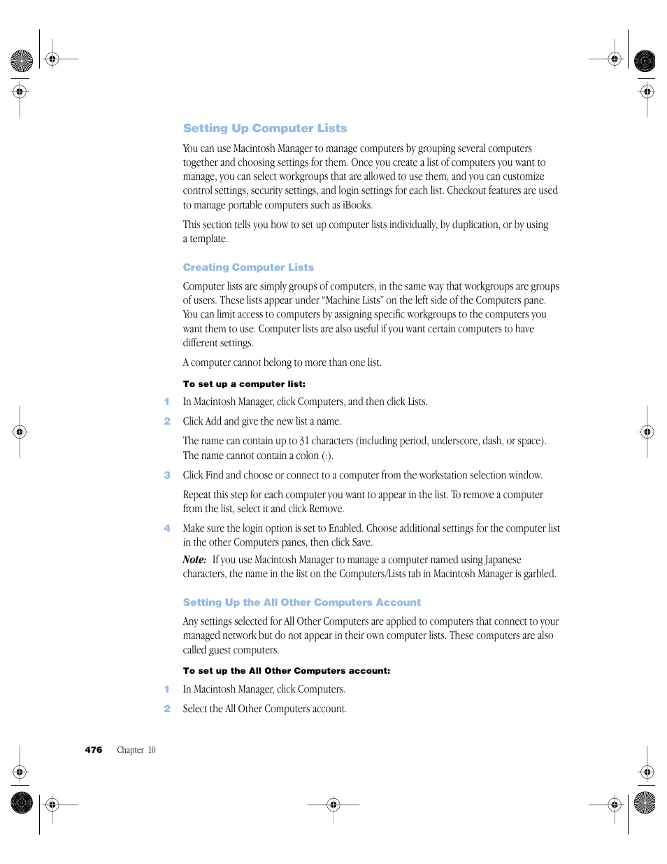 Setting up computer lists, Creating computer lists, Setting up the all other computers account | Setting up computer lists 476 | Apple Mac OS X Server (version 10.2.3 or later) User Manual | Page 476 / 690