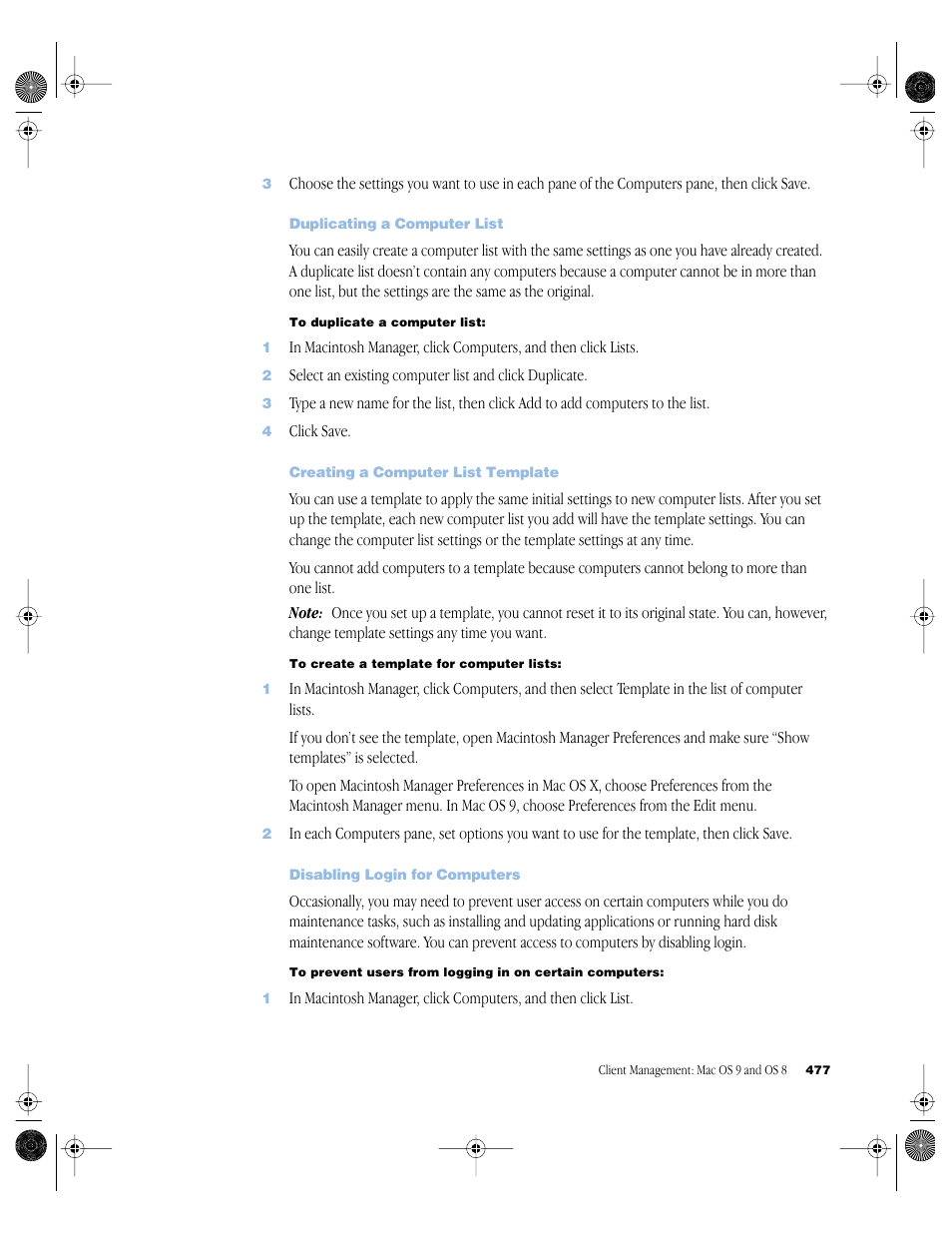 Duplicating a computer list, Creating a computer list template, Disabling login for computers | Apple Mac OS X Server (version 10.2.3 or later) User Manual | Page 477 / 690