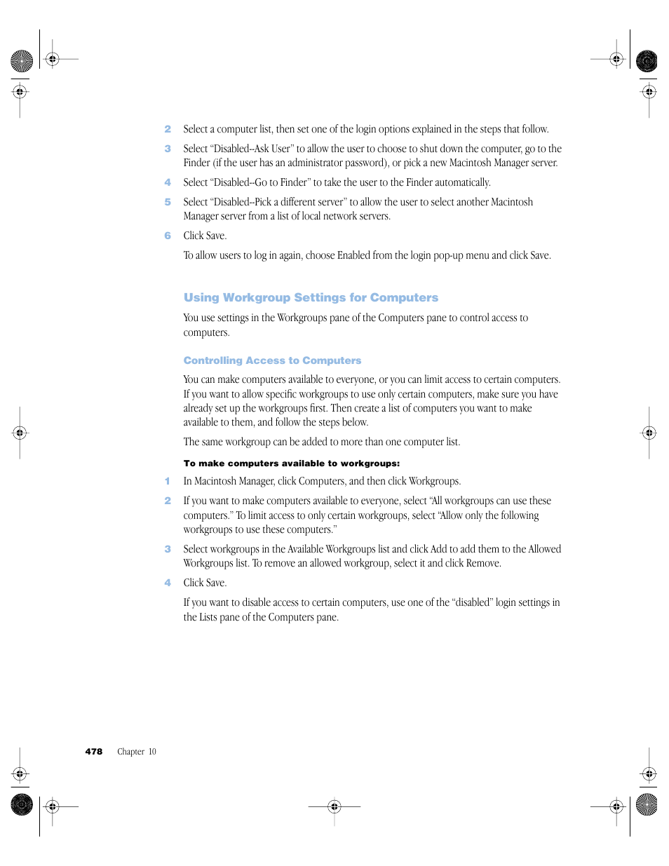 Using workgroup settings for computers, Controlling access to computers, Using workgroup settings for computers 478 | Apple Mac OS X Server (version 10.2.3 or later) User Manual | Page 478 / 690