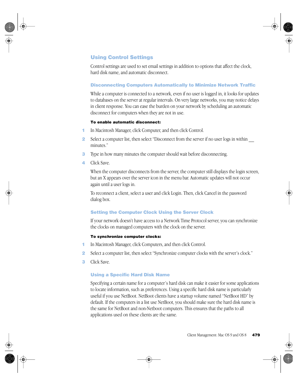 Using control settings, Setting the computer clock using the server clock, Using a specific hard disk name | Using control settings 479 | Apple Mac OS X Server (version 10.2.3 or later) User Manual | Page 479 / 690