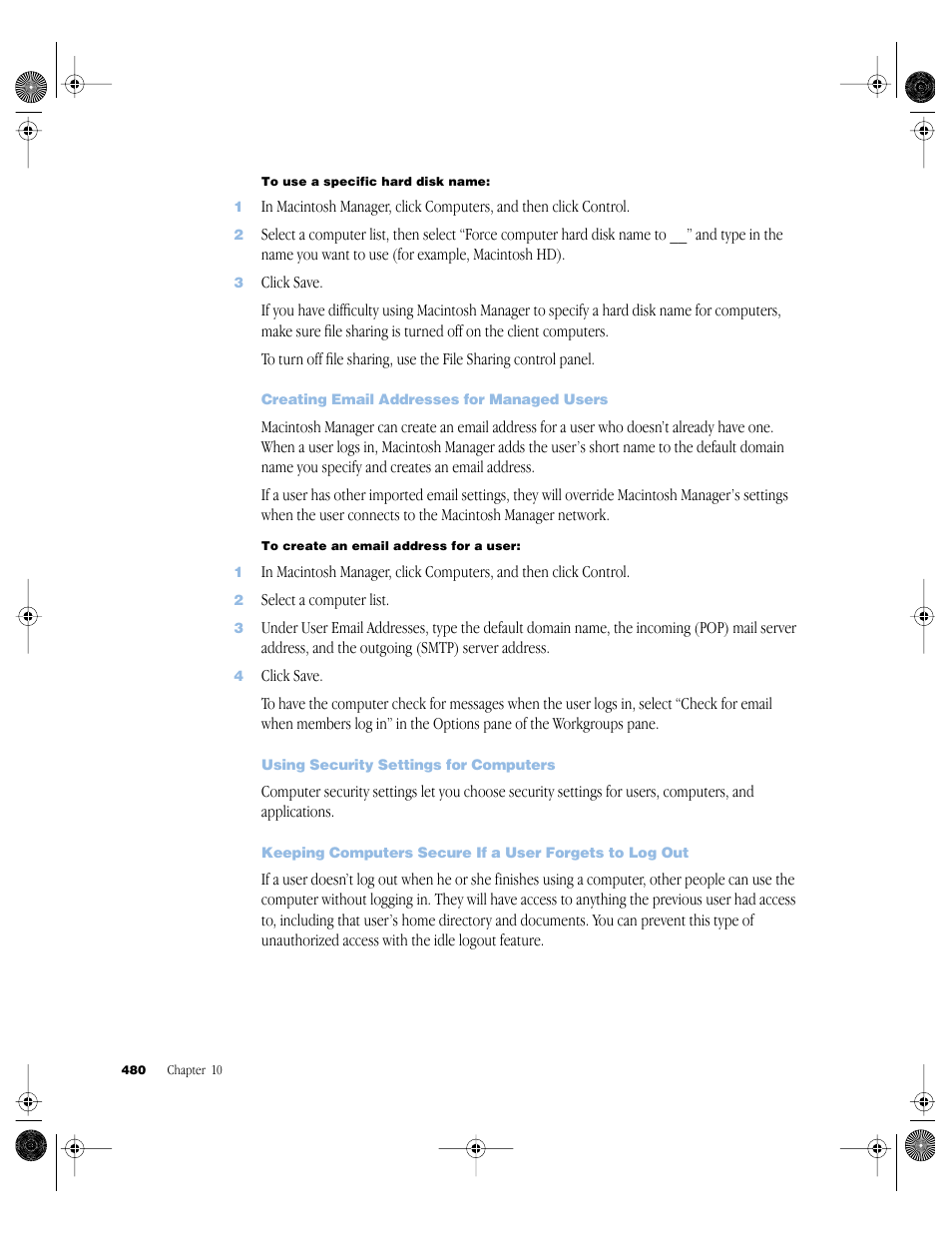 Creating email addresses for managed users, Using security settings for computers | Apple Mac OS X Server (version 10.2.3 or later) User Manual | Page 480 / 690
