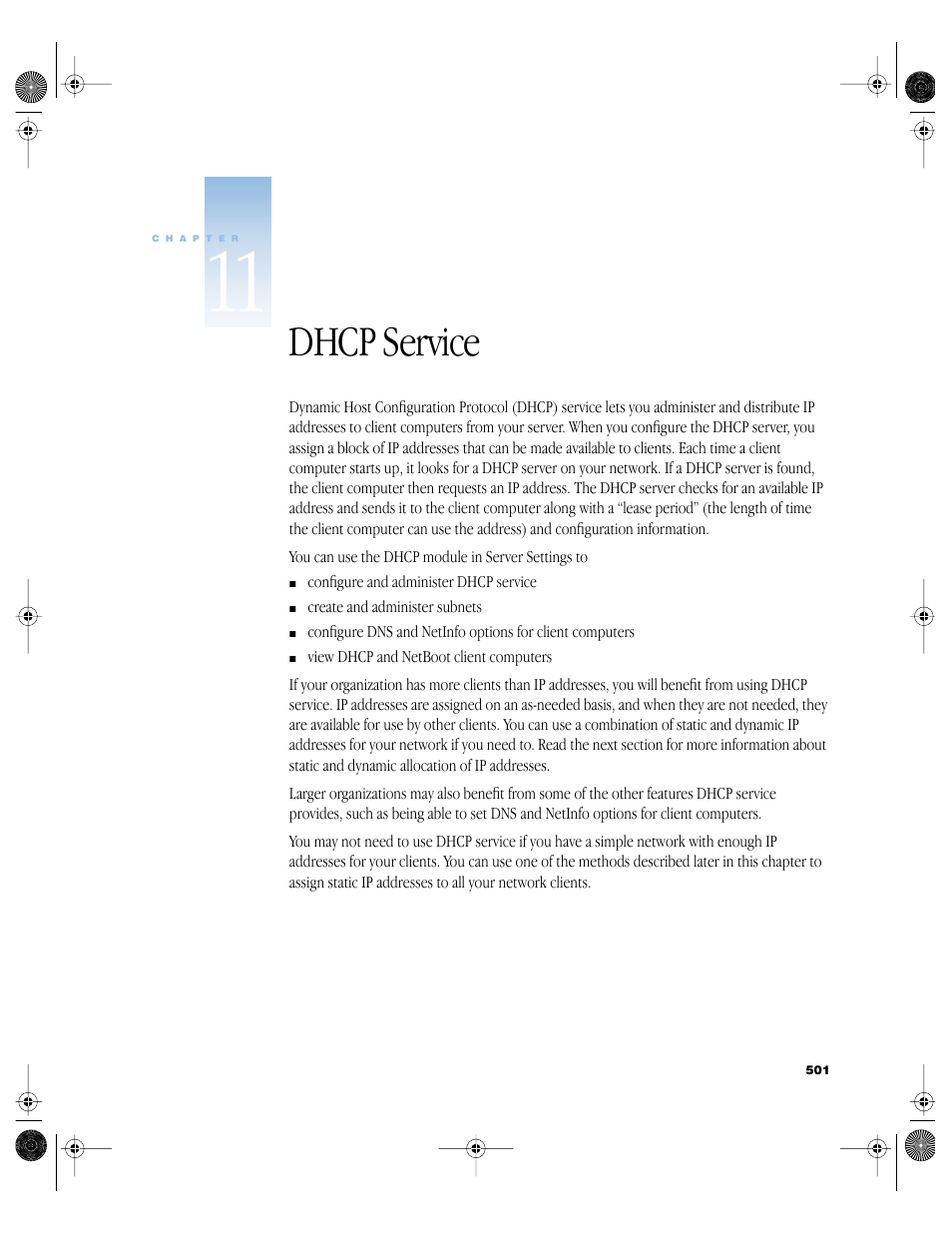 Dhcp service, Dhcp service 501, Dhcp service.”) | Vice, Service | Apple Mac OS X Server (version 10.2.3 or later) User Manual | Page 501 / 690