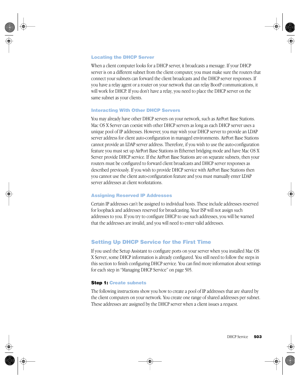 Locating the dhcp server, Interacting with other dhcp servers, Assigning reserved ip addresses | Setting up dhcp service for the first time, Step 1: create subnets, Setting up dhcp service for the first time 503 | Apple Mac OS X Server (version 10.2.3 or later) User Manual | Page 503 / 690