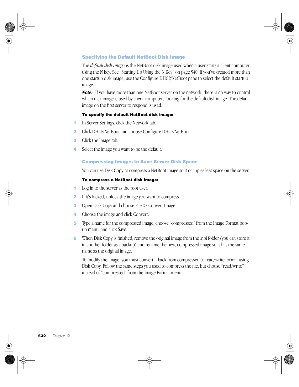 Specifying the default netboot disk image, Compressing images to save server disk space | Apple Mac OS X Server (version 10.2.3 or later) User Manual | Page 532 / 690