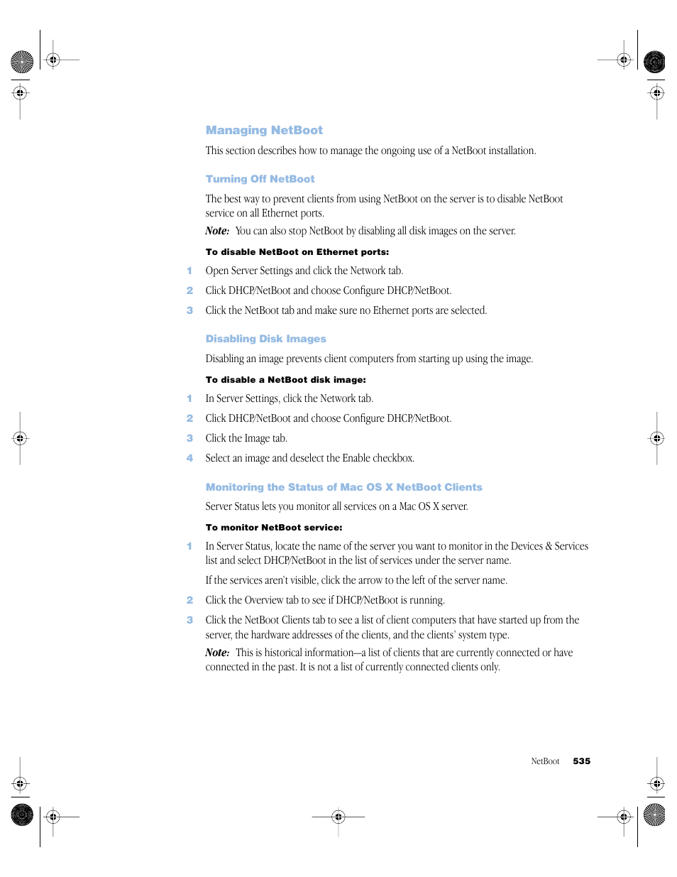 Managing netboot, Turning off netboot, Disabling disk images | Monitoring the status of mac os x netboot clients, Managing netboot 535 | Apple Mac OS X Server (version 10.2.3 or later) User Manual | Page 535 / 690