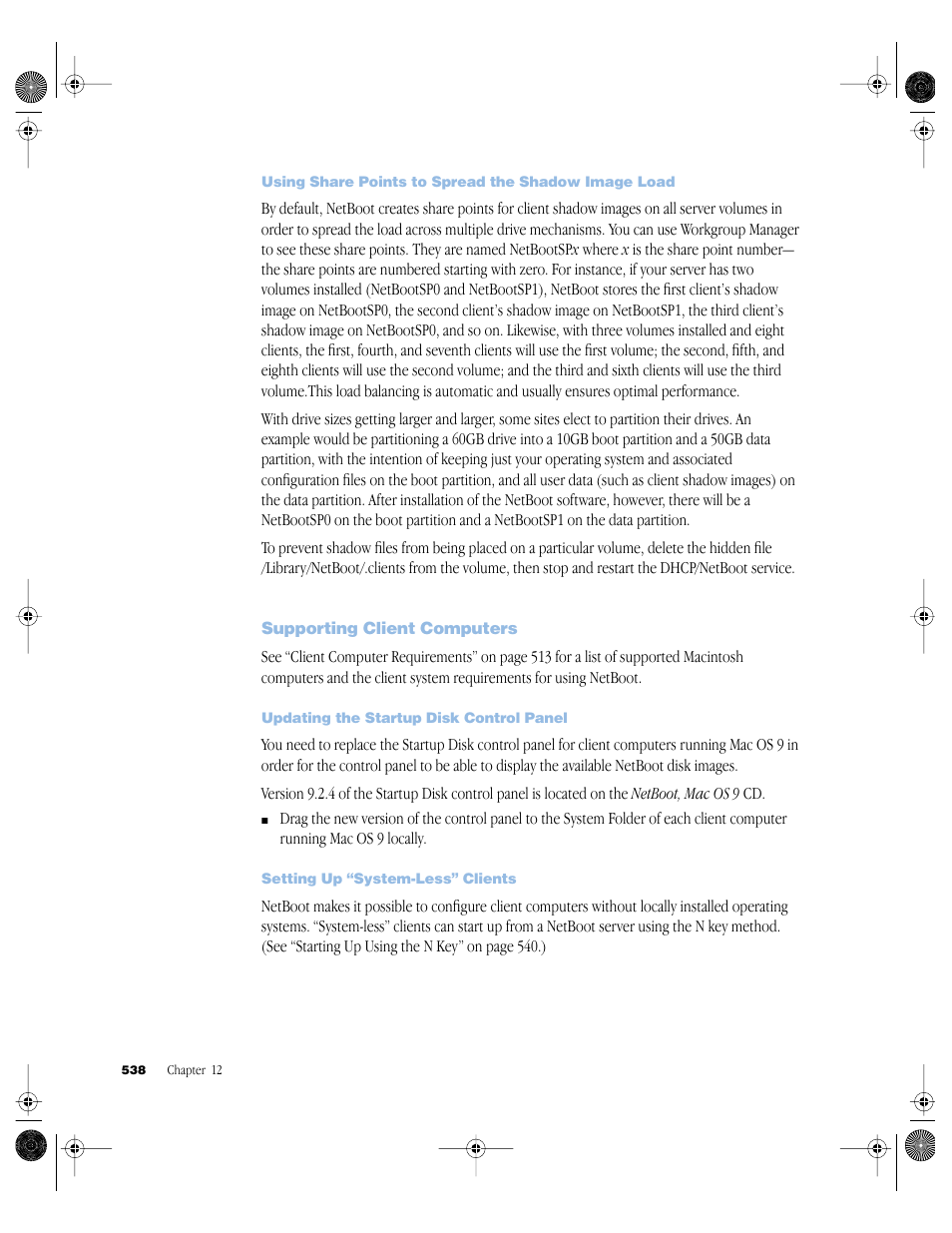 Using share points to spread the shadow image load, Supporting client computers, Updating the startup disk control panel | Setting up “system-less” clients, Supporting client computers 538 | Apple Mac OS X Server (version 10.2.3 or later) User Manual | Page 538 / 690