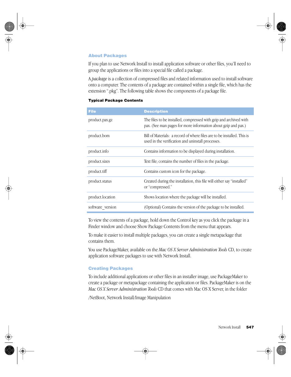 About packages, Creating packages | Apple Mac OS X Server (version 10.2.3 or later) User Manual | Page 547 / 690