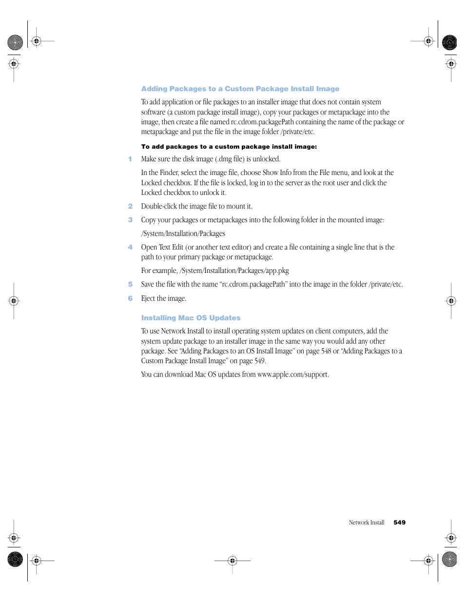 Adding packages to a custom package install image, Installing mac os updates | Apple Mac OS X Server (version 10.2.3 or later) User Manual | Page 549 / 690