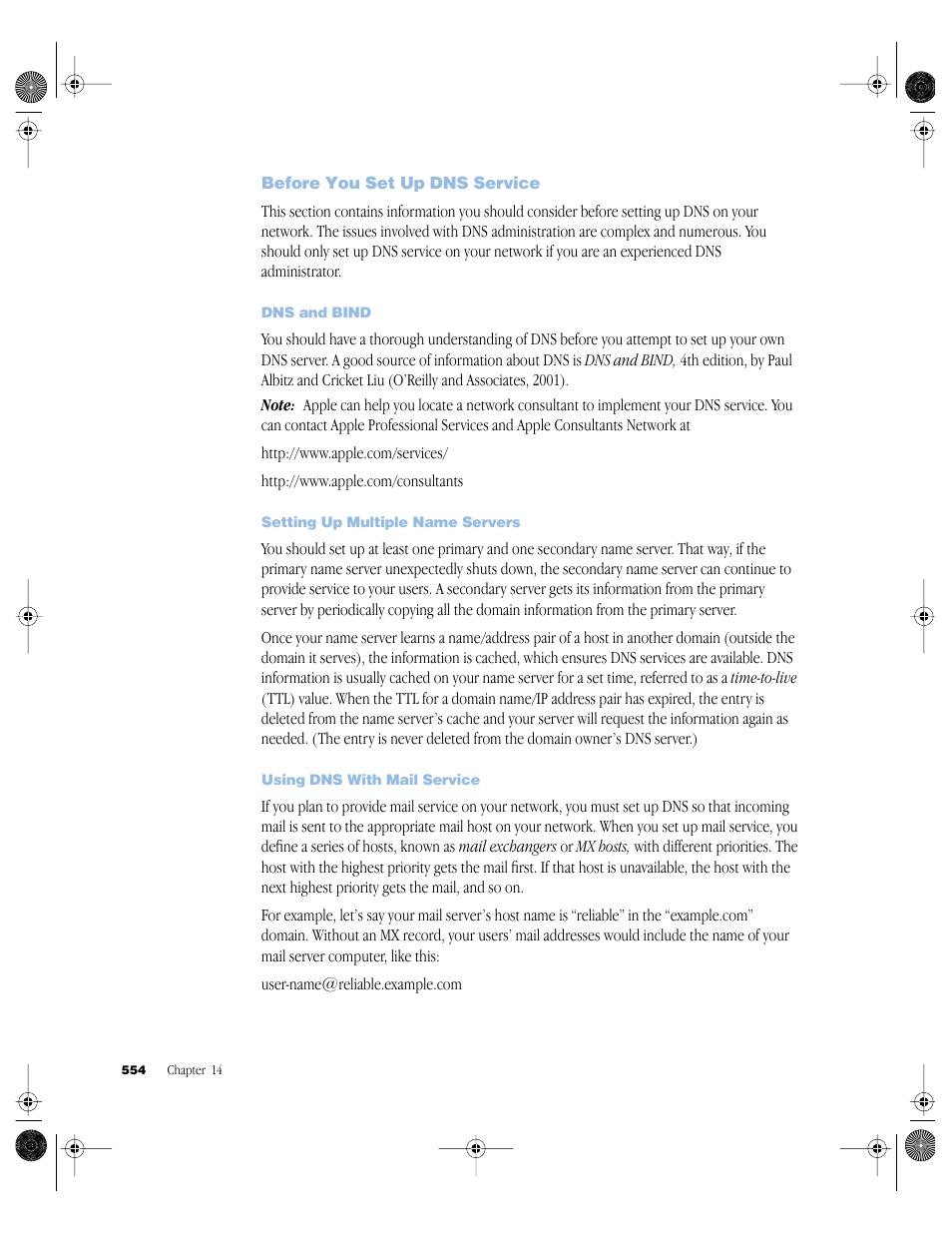 Before you set up dns service, Dns and bind, Setting up multiple name servers | Using dns with mail service, Before you set up dns service 554 | Apple Mac OS X Server (version 10.2.3 or later) User Manual | Page 554 / 690