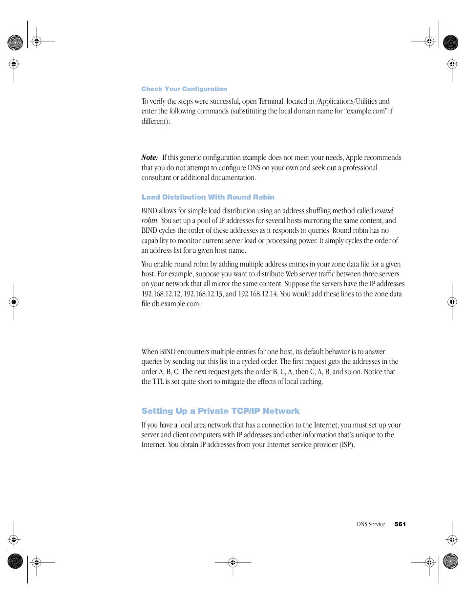 Load distribution with round robin, Setting up a private tcp/ip network, Setting up a private tcp/ip network 561 | Apple Mac OS X Server (version 10.2.3 or later) User Manual | Page 561 / 690