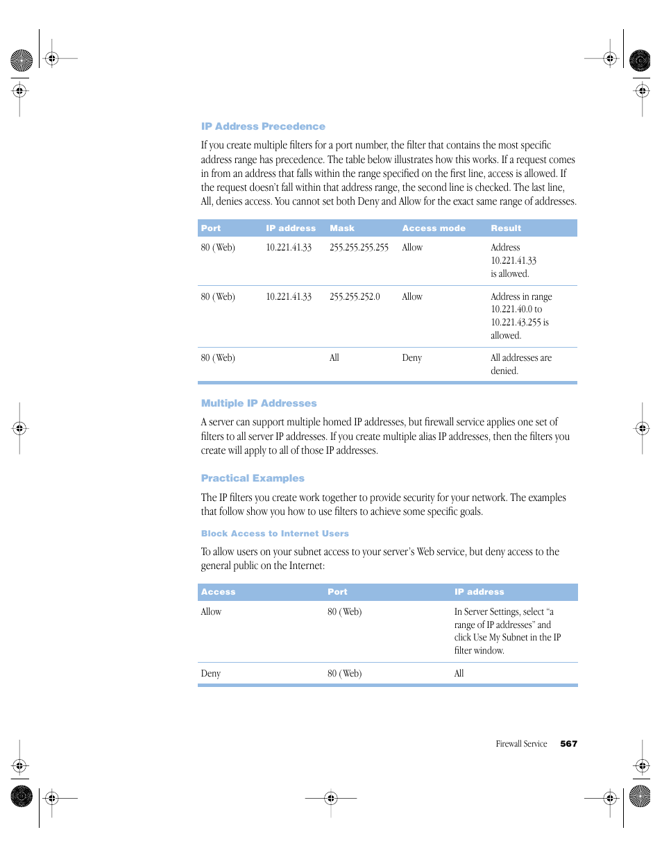 Ip address precedence, Multiple ip addresses, Practical examples | Apple Mac OS X Server (version 10.2.3 or later) User Manual | Page 567 / 690