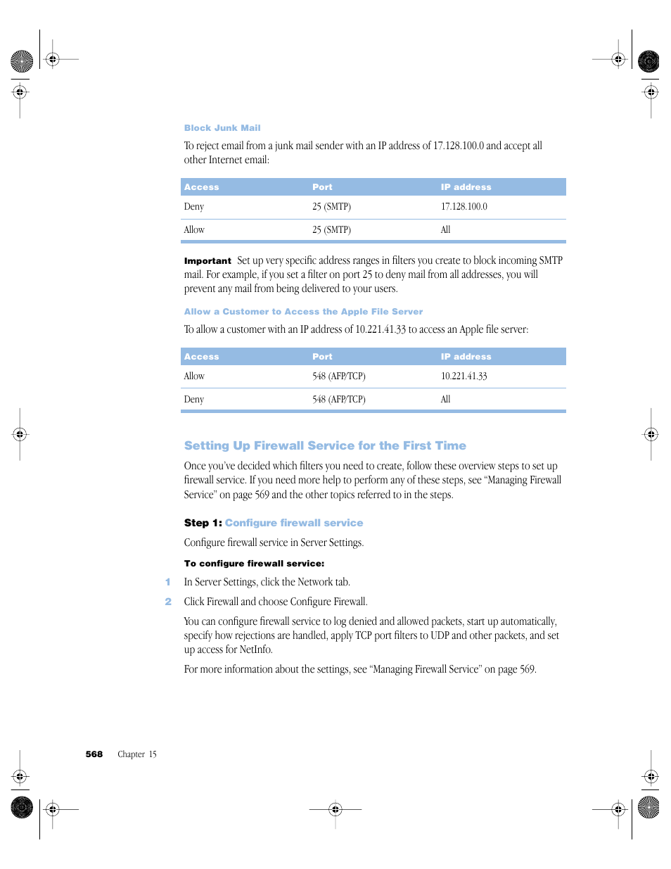 Setting up firewall service for the first time, Step 1: configure firewall service, Setting up firewall service for the first time 568 | Apple Mac OS X Server (version 10.2.3 or later) User Manual | Page 568 / 690