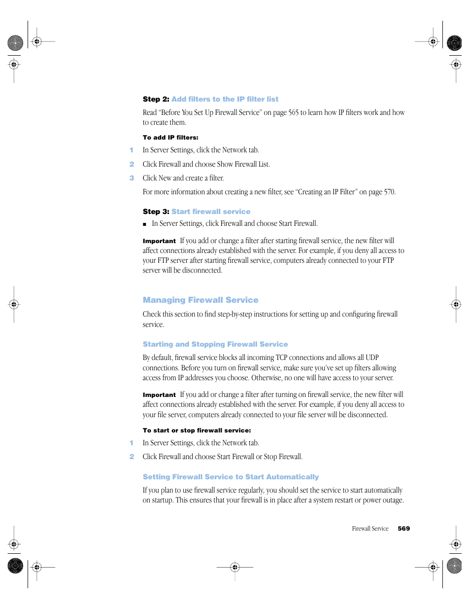 Step 2: add filters to the ip filter list, Step 3: start firewall service, Managing firewall service | Starting and stopping firewall service, Setting firewall service to start automatically, Managing firewall service 569 | Apple Mac OS X Server (version 10.2.3 or later) User Manual | Page 569 / 690