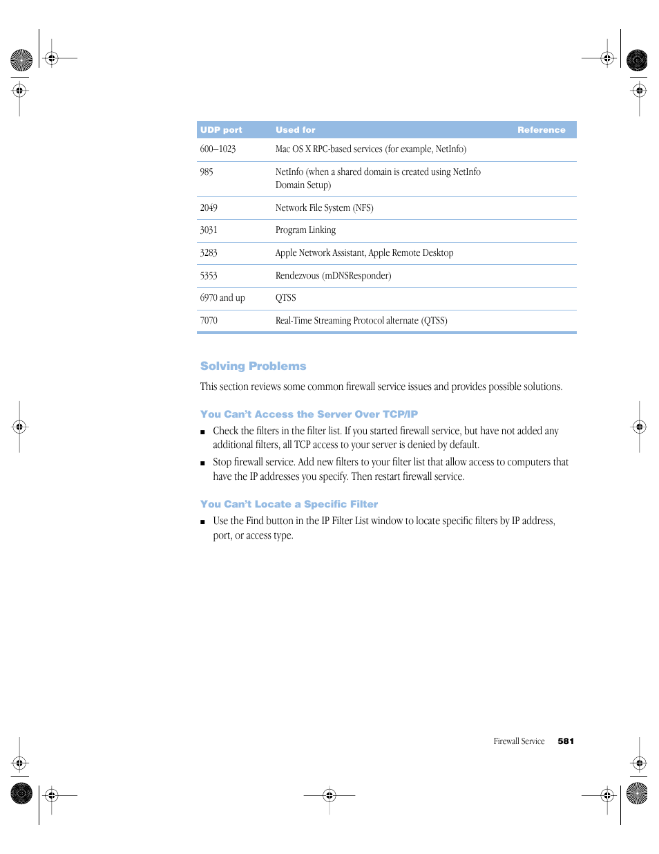 Solving problems, You can’t access the server over tcp/ip, You can’t locate a specific filter | Solving problems 581, Standard attributes in computer list records 635 | Apple Mac OS X Server (version 10.2.3 or later) User Manual | Page 581 / 690