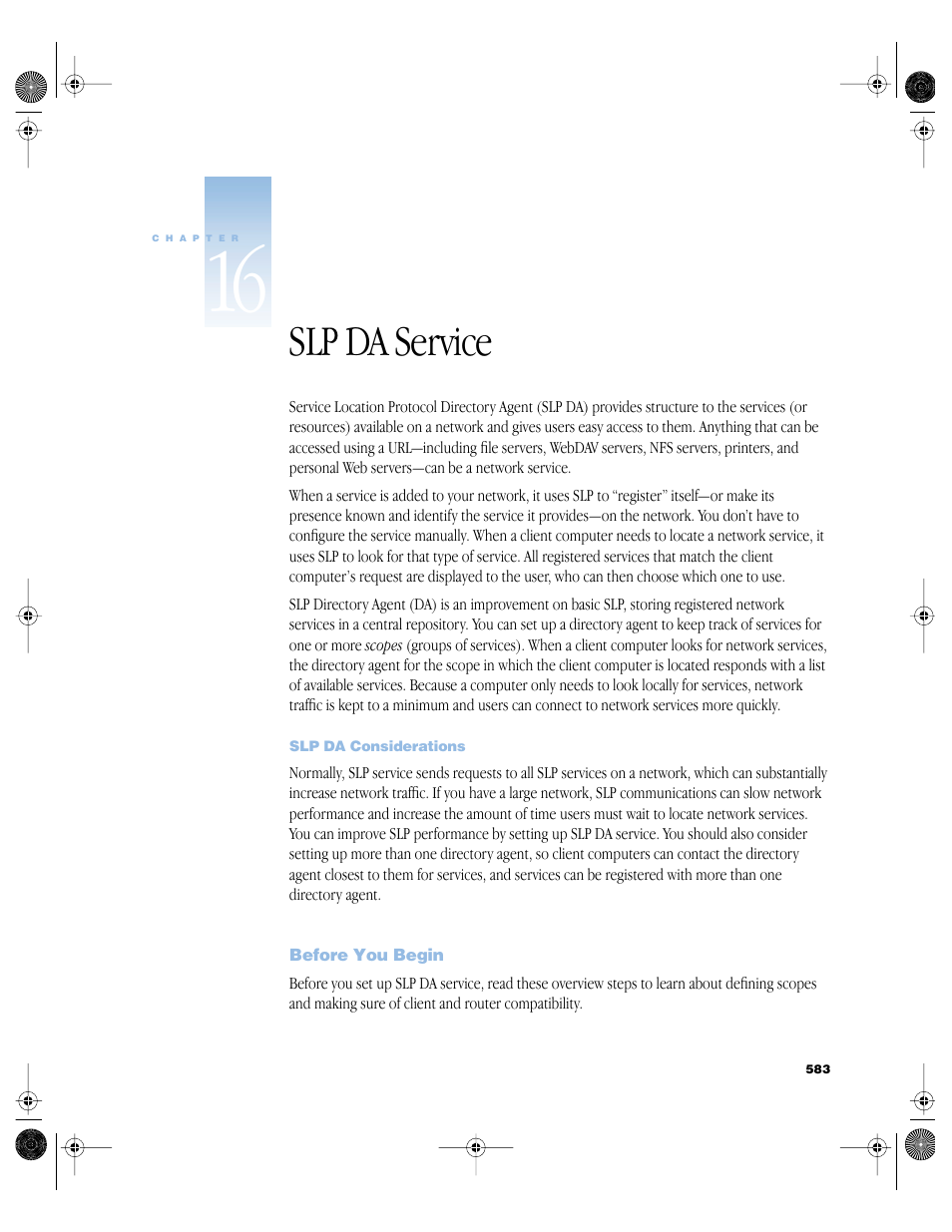 Slp da service, Slp da considerations, Before you begin | Slp da service 583, Before you begin 583, Chapter 16, “slp da service,” describes ser | Apple Mac OS X Server (version 10.2.3 or later) User Manual | Page 583 / 690