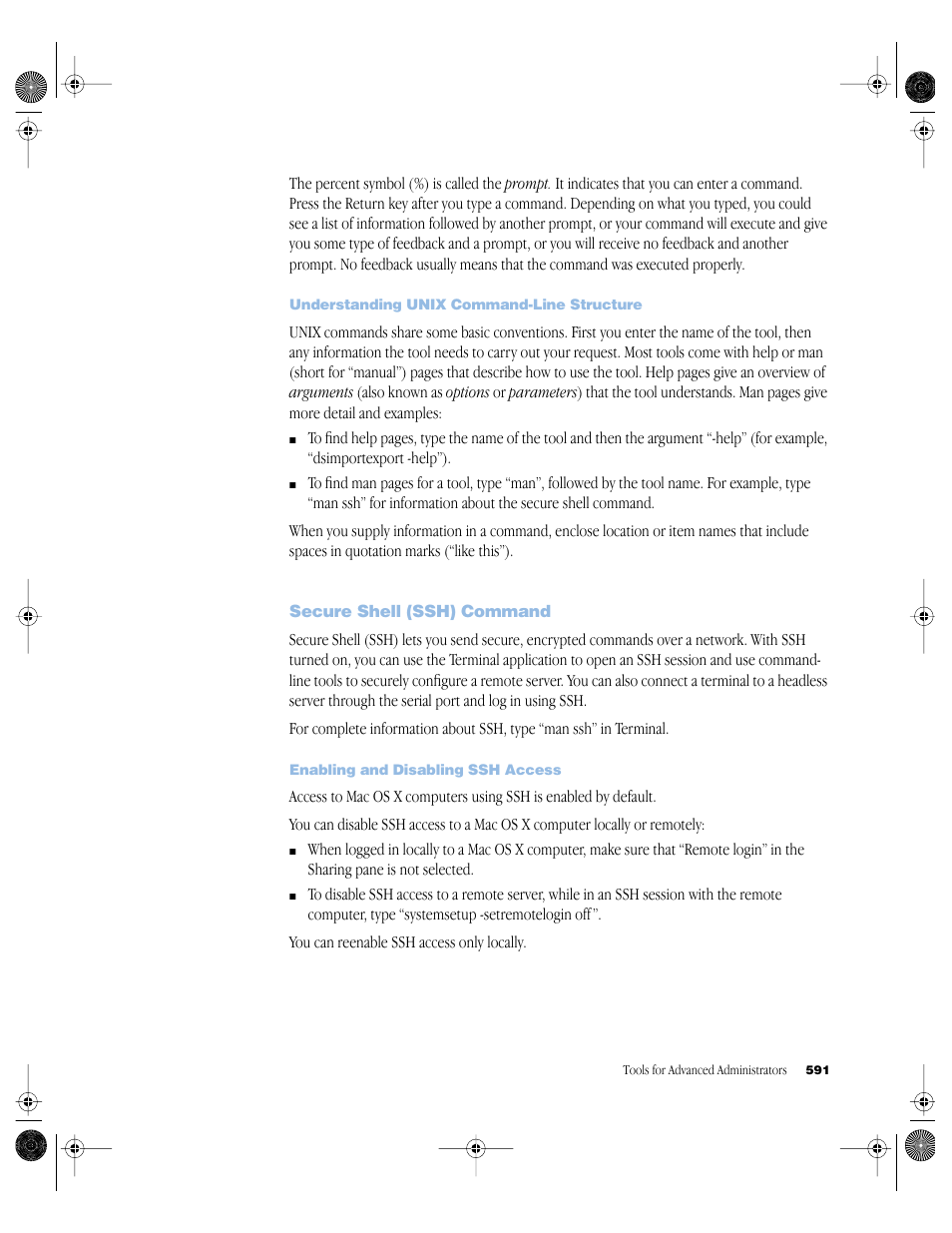 Understanding unix command-line structure, Secure shell (ssh) command, Enabling and disabling ssh access | Secure shell (ssh) command 591 | Apple Mac OS X Server (version 10.2.3 or later) User Manual | Page 591 / 690