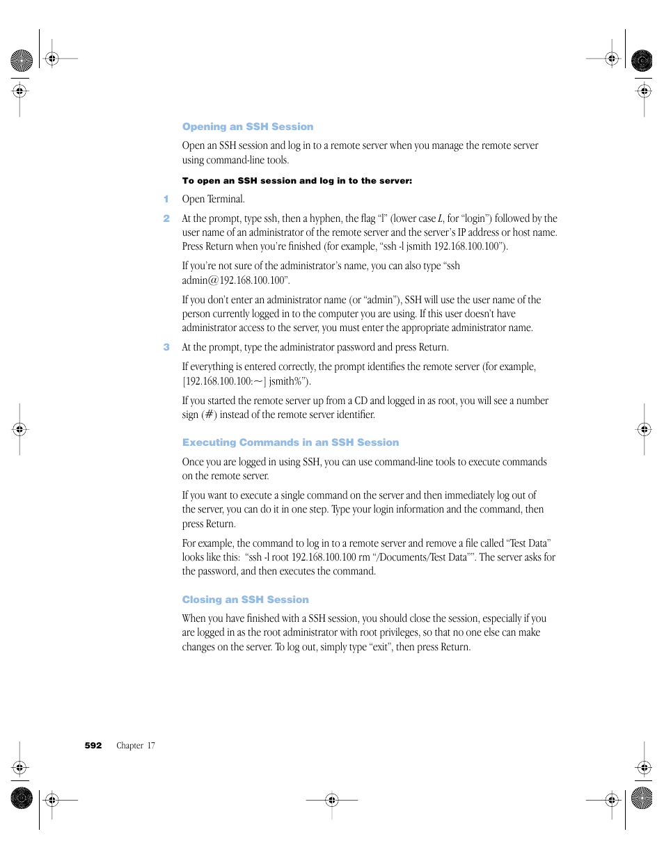 Opening an ssh session, Executing commands in an ssh session, Closing an ssh session | Apple Mac OS X Server (version 10.2.3 or later) User Manual | Page 592 / 690