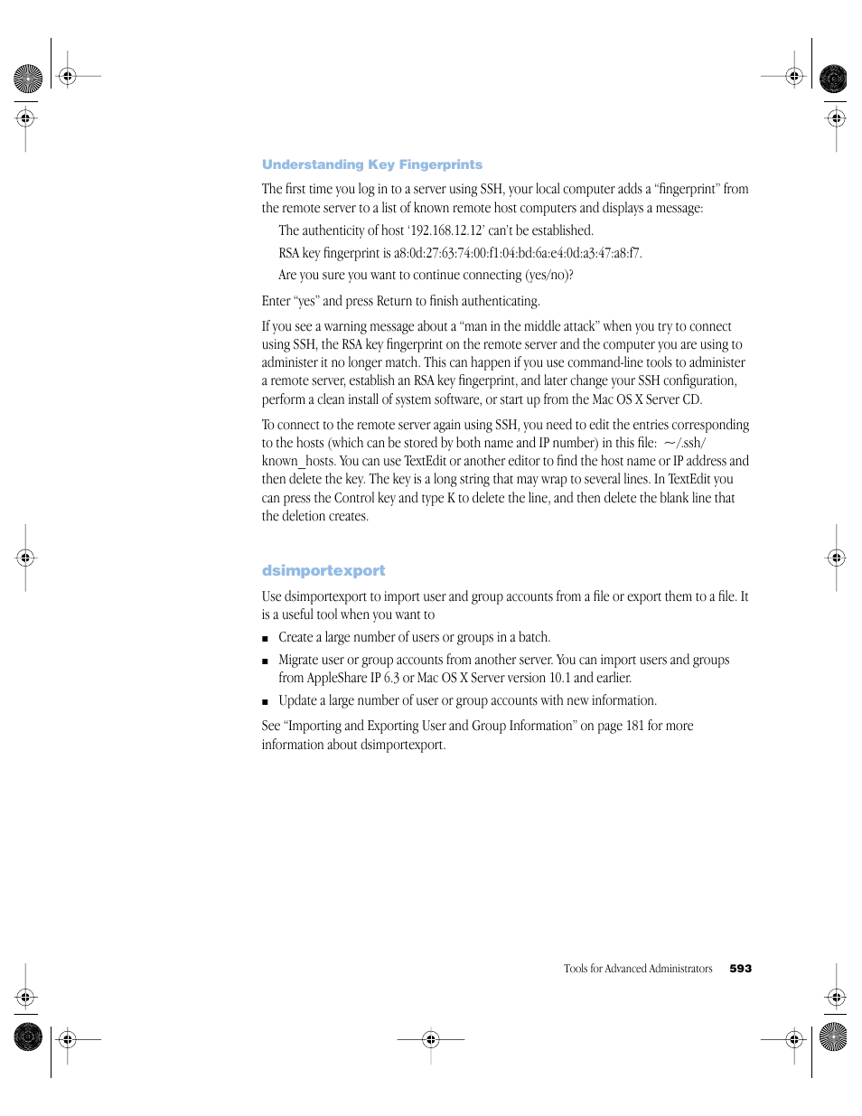 Understanding key fingerprints, Dsimportexport, Dsimportexport 593 | Apple Mac OS X Server (version 10.2.3 or later) User Manual | Page 593 / 690