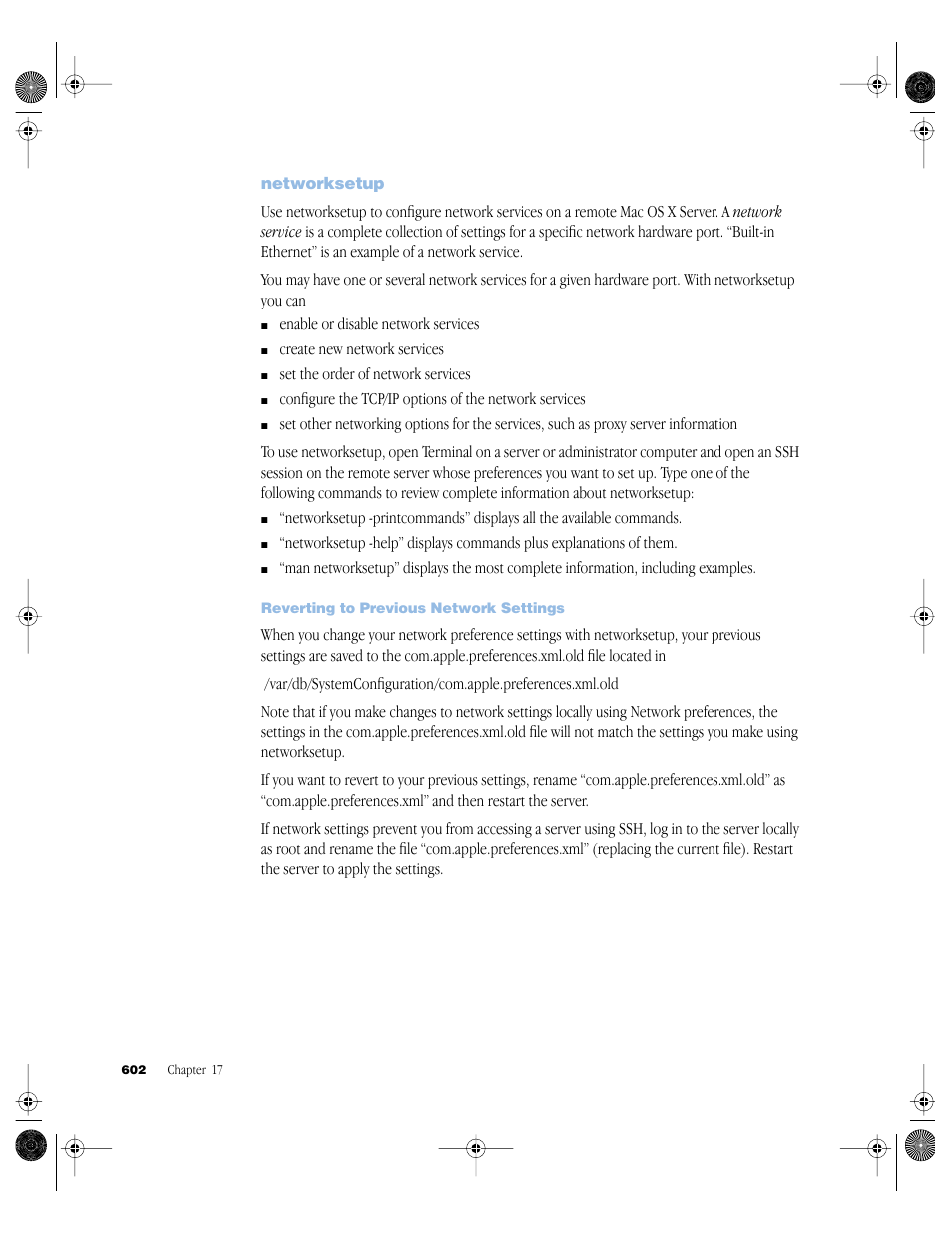 Networksetup, Reverting to previous network settings, Networksetup 602 | Apple Mac OS X Server (version 10.2.3 or later) User Manual | Page 602 / 690
