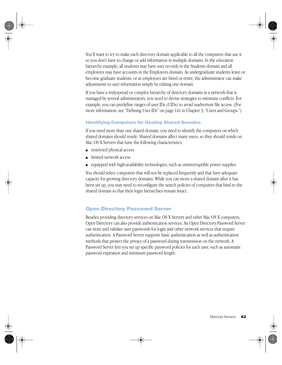 Identifying computers for hosting shared domains, Open directory password server, Open directory password server 63 | Administering home directories 152 | Apple Mac OS X Server (version 10.2.3 or later) User Manual | Page 63 / 690
