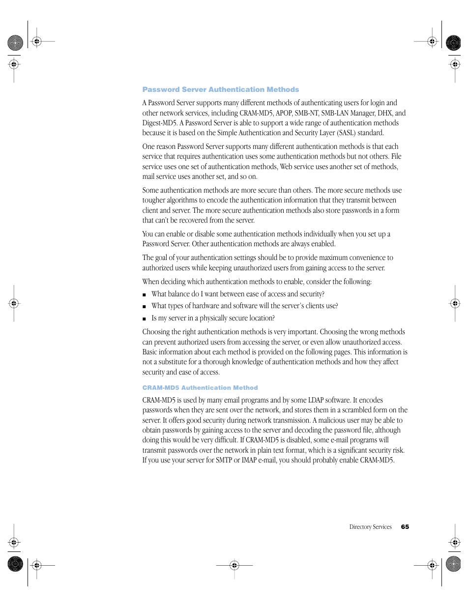Password server authentication methods | Apple Mac OS X Server (version 10.2.3 or later) User Manual | Page 65 / 690