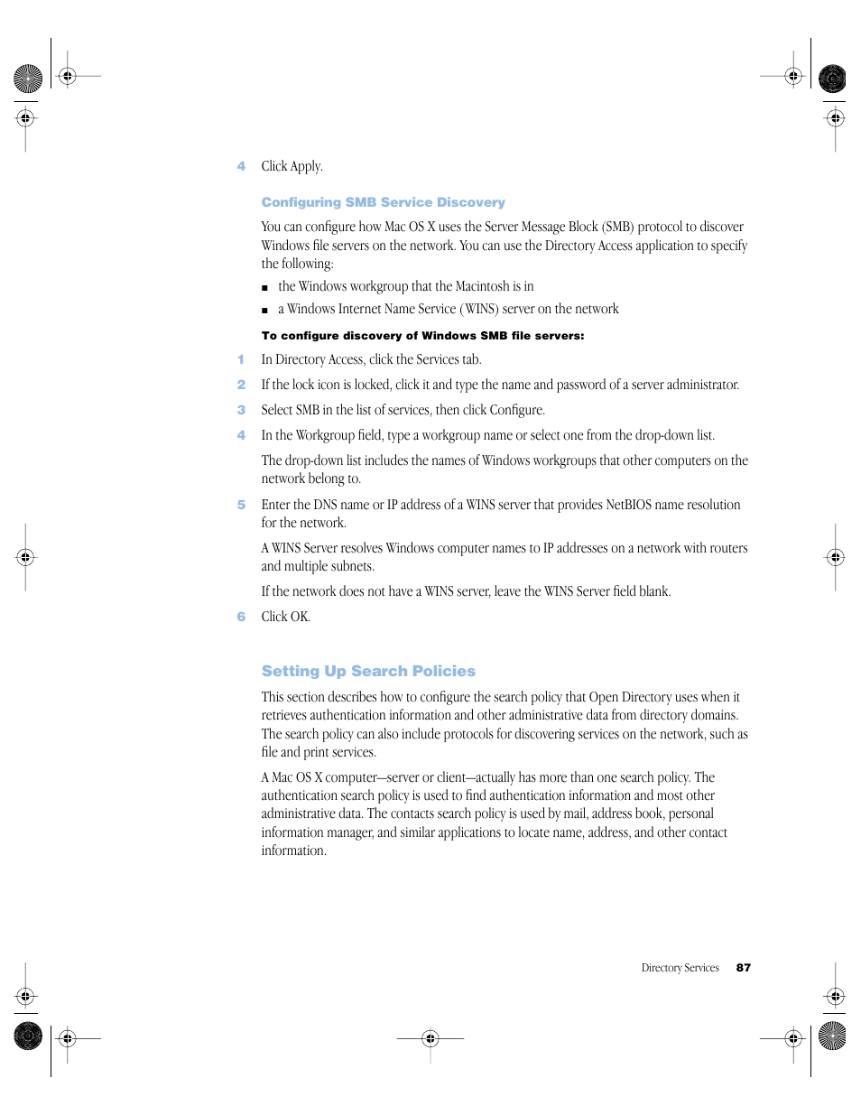 Configuring smb service discovery, Setting up search policies, Setting up search policies 87 | Apple Mac OS X Server (version 10.2.3 or later) User Manual | Page 87 / 690